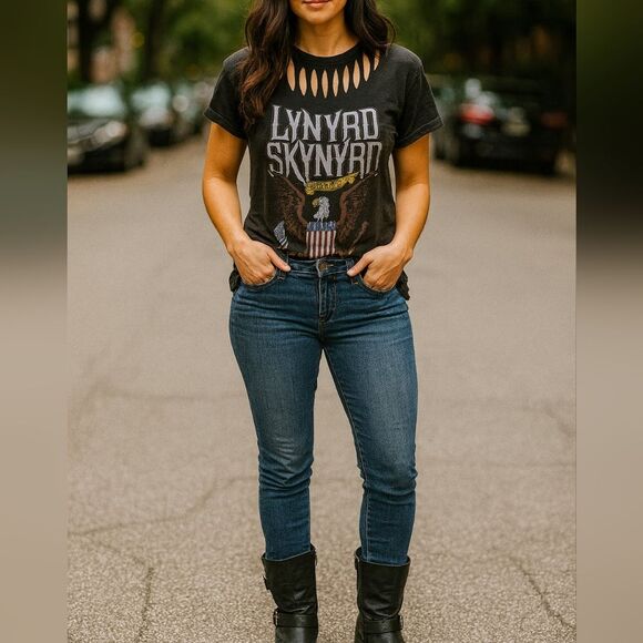 Lynyrd Skynyrd Distressed Band Tee 1X Official Merch Black Eagle Guitar America - Picture 1 of 6